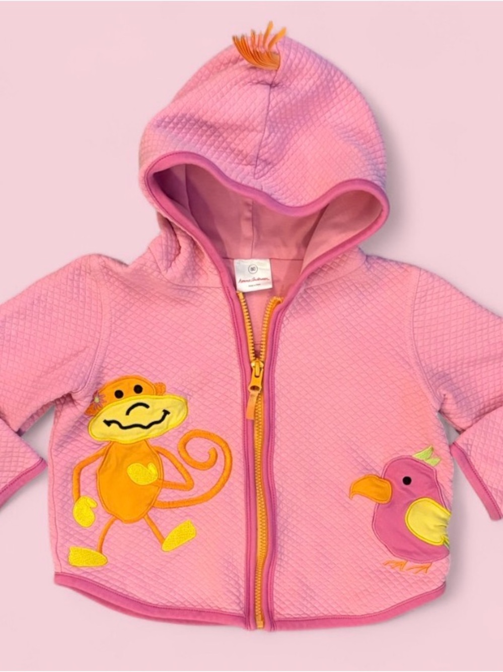 Hanna Andersson Pink Quilted Monkey & Bird Applique Zip Jacket Sz 18-24M